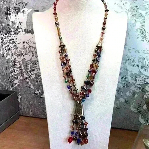 Vintage Jewelry - Vintage Brass Colored Necklace with Multi Colored Glass Beads